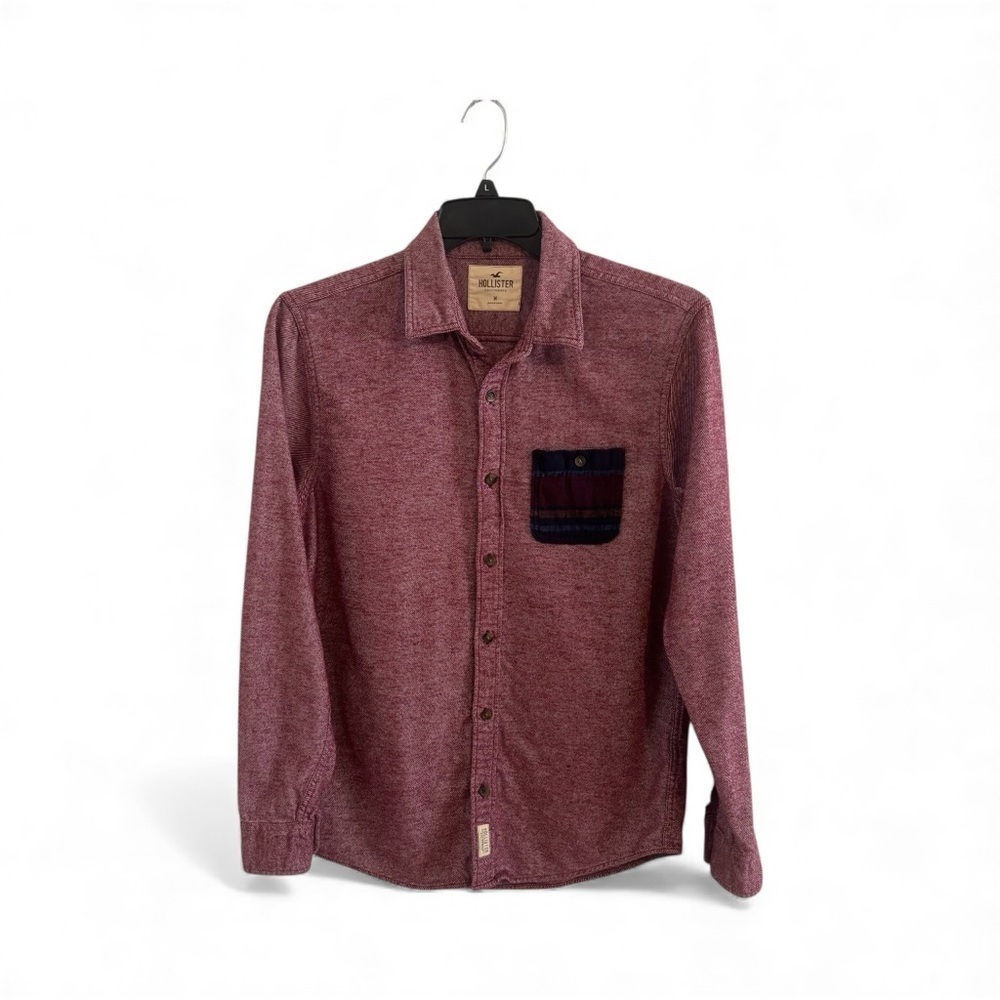 Hollister Red Heather Button-Down Shirt M 100% Cotton, Contrast Plaid Pocket
